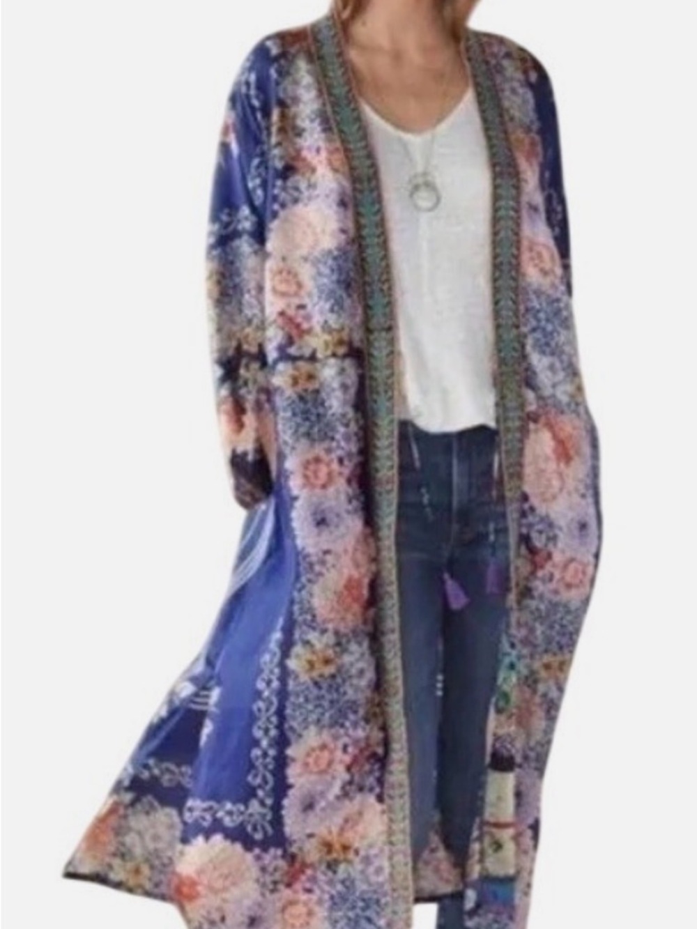 Johnny Was Blati print Floral Embroidered Navy Multicolor Kimono Jacket medium